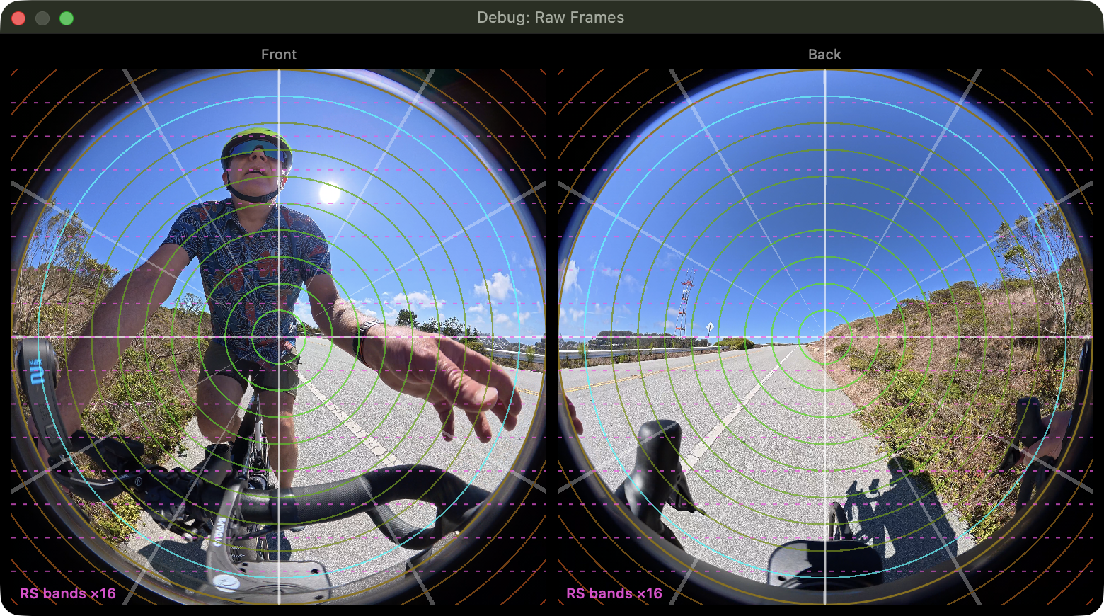DJI Osmo 360 front and back frames in Recap360's debug flat view
